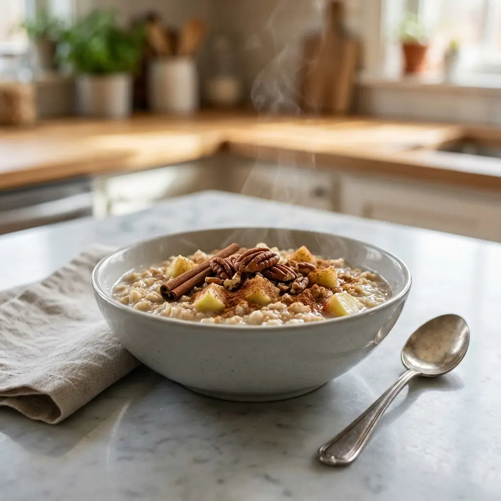 A close-up shot of a bowl of healthy apple cinnamon oatmeal, topped with toasted pecans and a dash of cinnamon.