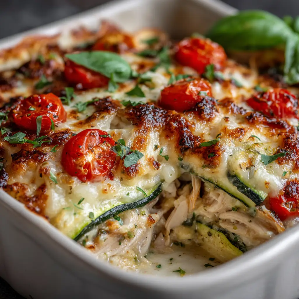 A serving of healthy baked chicken and zucchini casserole on a white plate, showcasing the juicy chicken and tender vegetables.