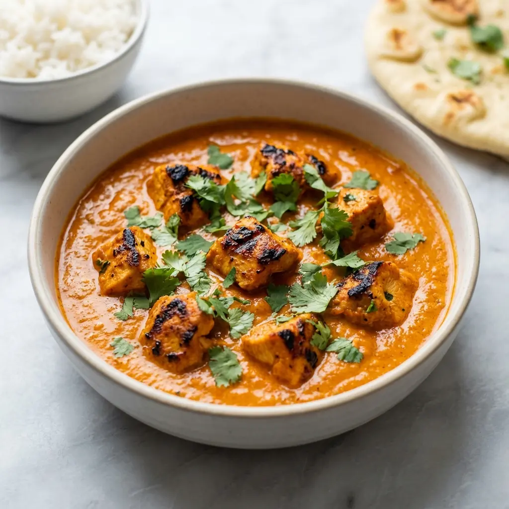 A bowl of healthy chicken tikka masala, garnished with fresh cilantro, ready to be eaten.