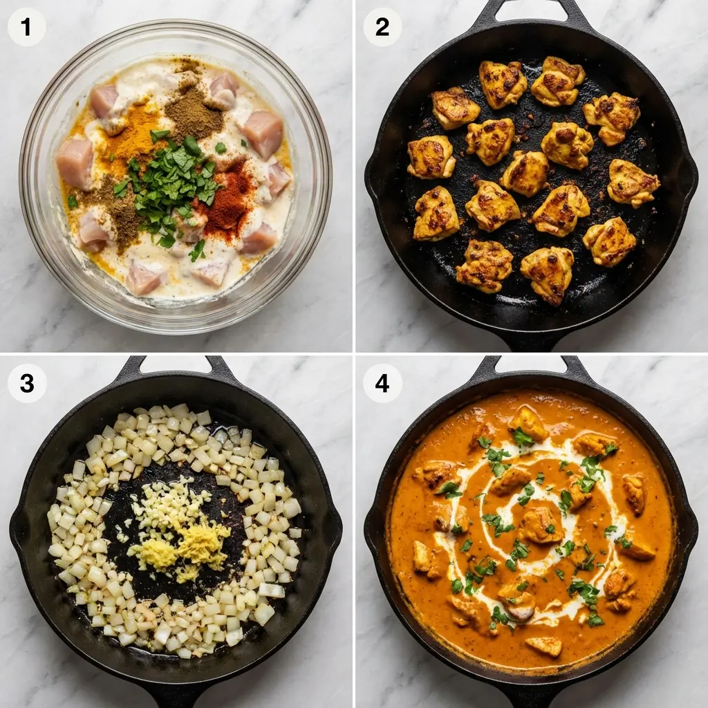 A four-panel image showing the steps to make healthy chicken tikka masala: marinating, searing, sautéing aromatics, and simmering.