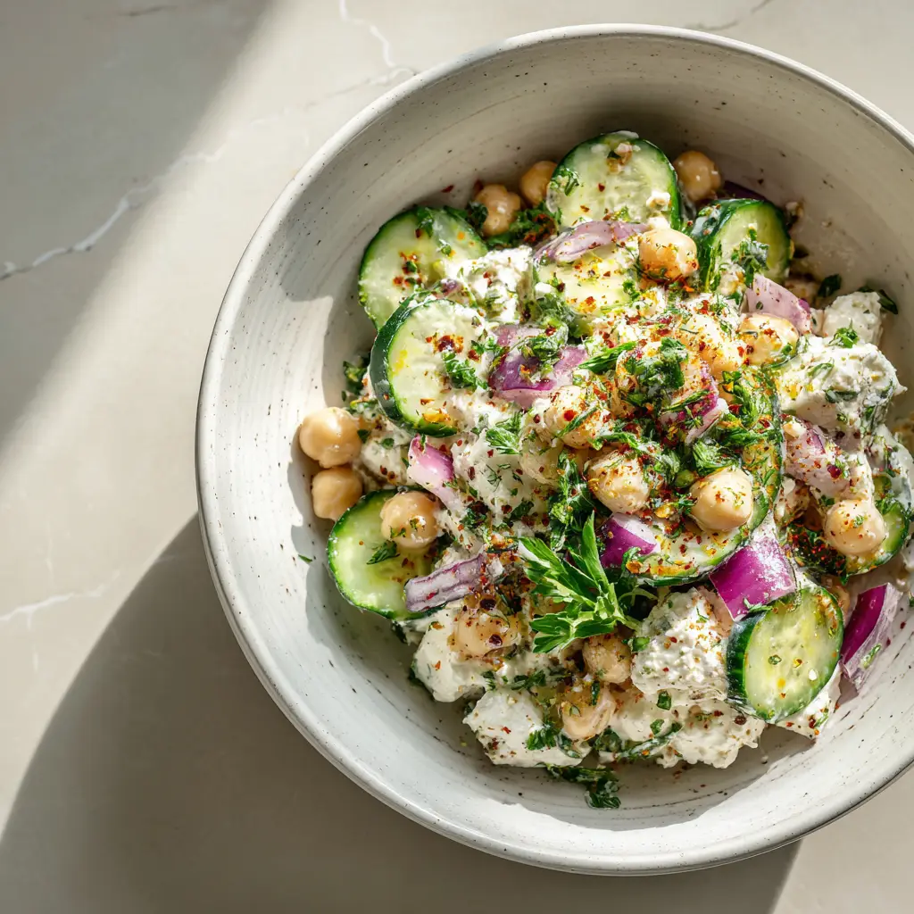 A spoonful of the healthy cottage cheese chickpea salad, ready to be eaten. The texture and fresh dill are clearly visible.