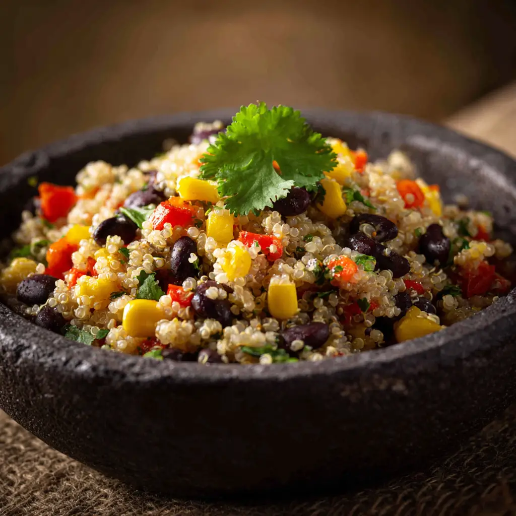 A serving of the healthy quinoa salad in a white bowl, showing the creamy avocado and crumbled cotija cheese on top.