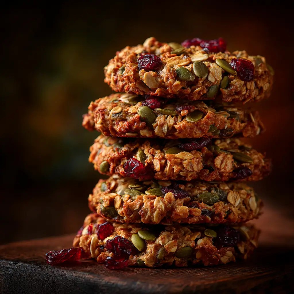 A styled shot of healthy energy cookies on a wooden board, ready to be eaten as a nutritious snack.