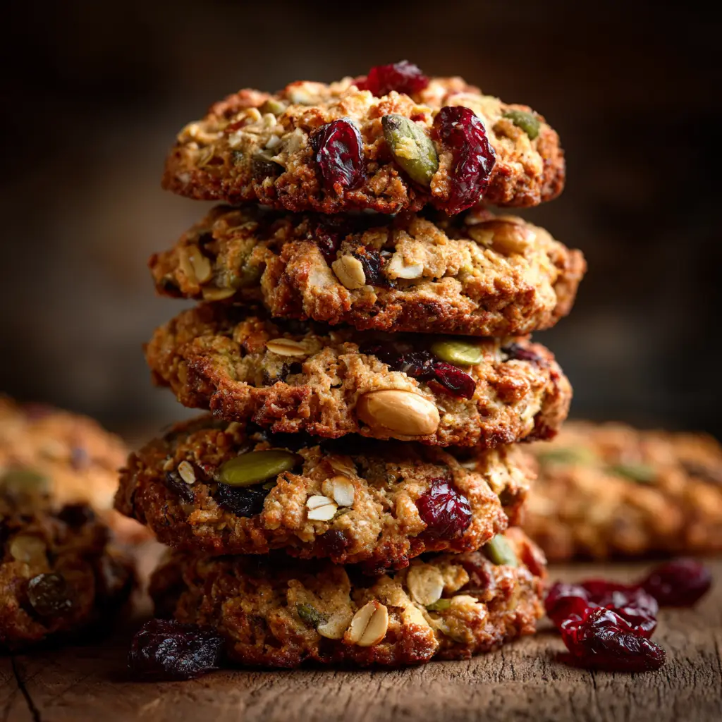 An overhead shot of healthy energy cookies cooling on a wire rack, with some chocolate chips visible.