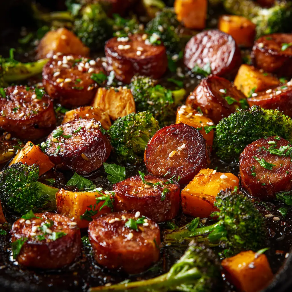 A serving of the healthy sheet pan meal with sausage and sweet potatoes in a bowl, ready to be eaten.