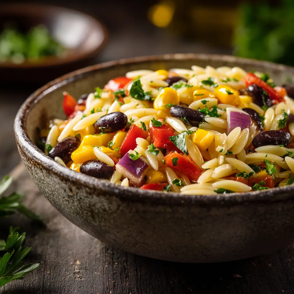 A bowl of the finished Cowboy Pasta Salad highlighting the vibrant mix of ingredients like red bell pepper, corn, and fresh cilantro.