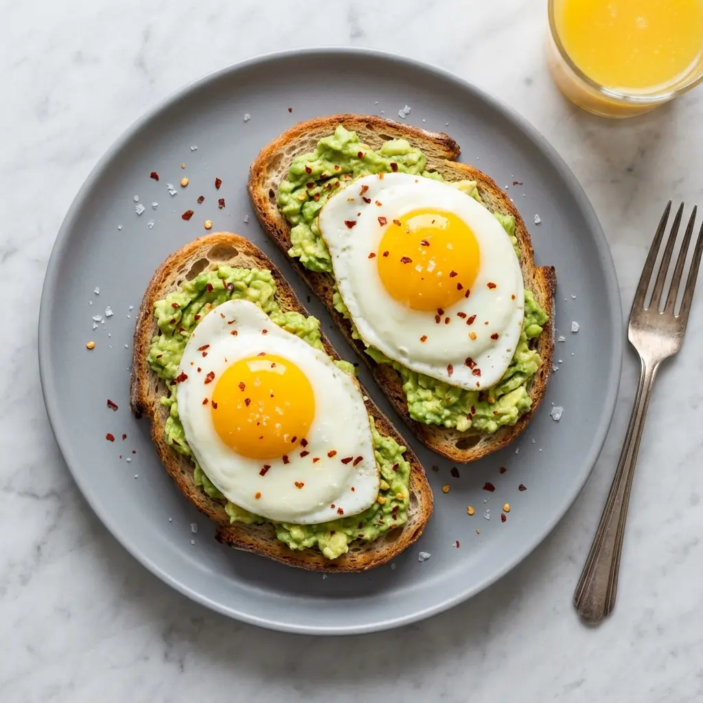 Overhead photo of two slices of high protein avocado egg toast, beautifully presented on a plate on a marble background.
