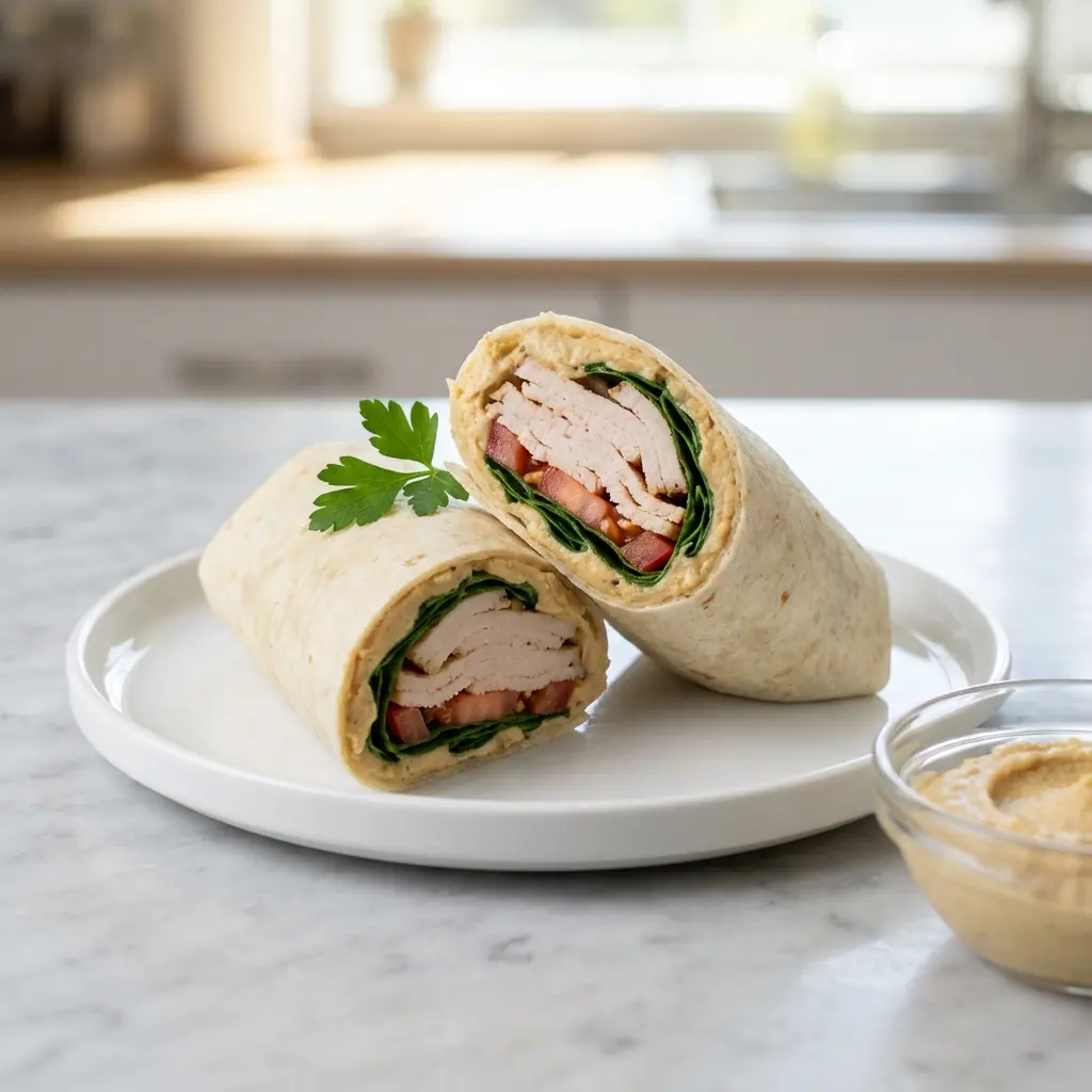 A high protein turkey hummus wrap cut in half to show the inner layers of turkey, hummus, and fresh vegetables.