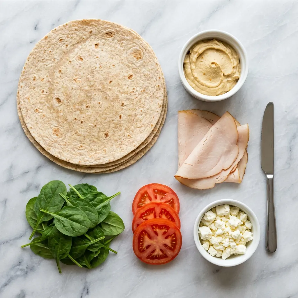 Ingredients for the high protein turkey hummus wrap laid out on a marble surface, including tortillas, turkey, hummus, and vegetables.