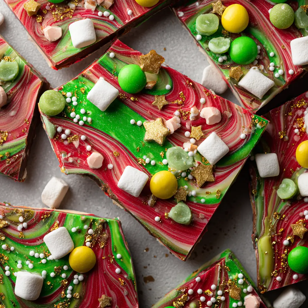 A flat lay of broken pieces of holiday bark made with white chocolate and festive sprinkles on a rustic wooden background.