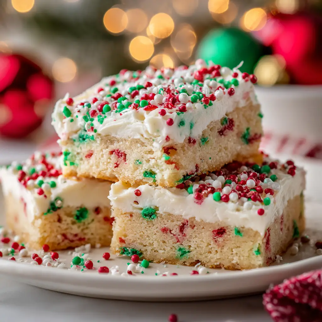 The full pan of Christmas sugar cookie bars after being frosted and covered in red, green, and white sprinkles, ready to be sliced.