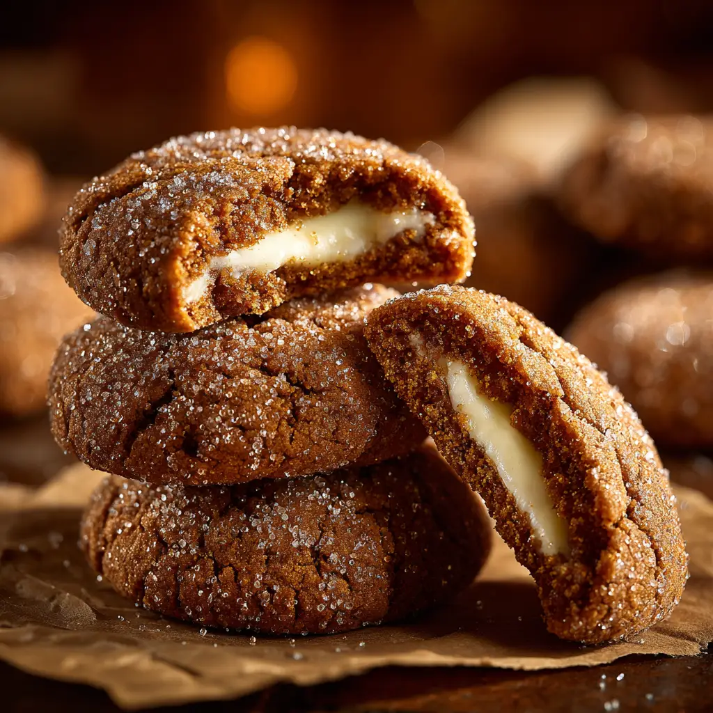 An overhead view of freshly baked gingerbread cheesecake cookies on a cooling rack, ready for a Christmas cookie exchange.