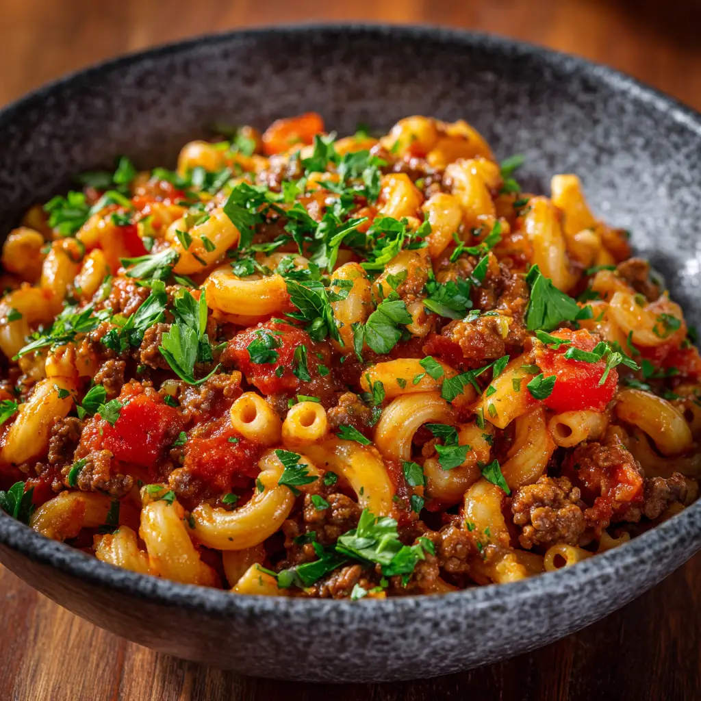 An extreme close-up shot of homemade beefaroni, highlighting the texture of the ground beef and elbow macaroni in a savory tomato sauce.