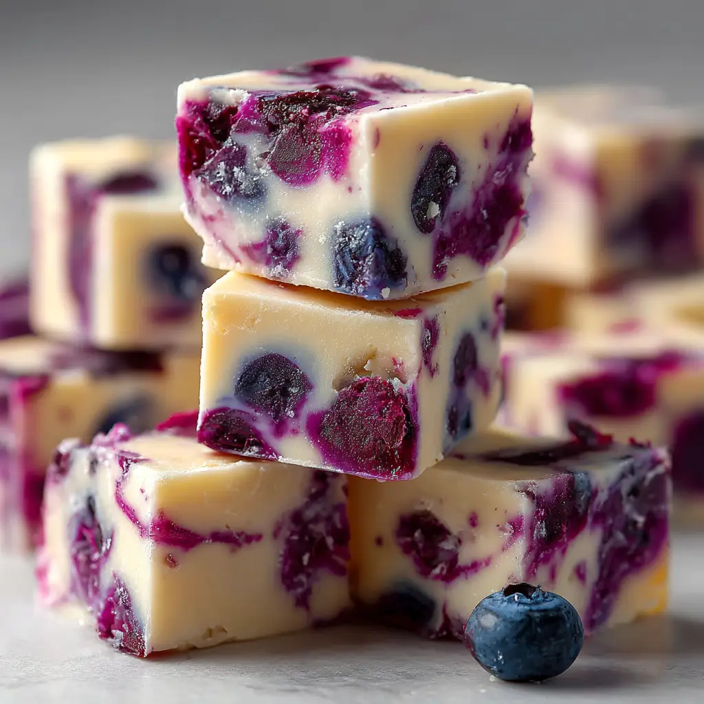 A stack of several pieces of blueberry fudge, ready to be served. This showcases the easy blueberry fudge recipe.