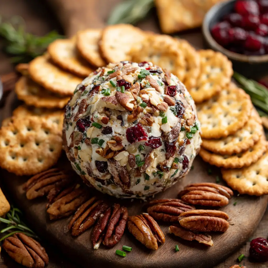 A close-up of a homemade cheese ball, showing the creamy texture of the cheese and the crunchy pecan and bacon coating.