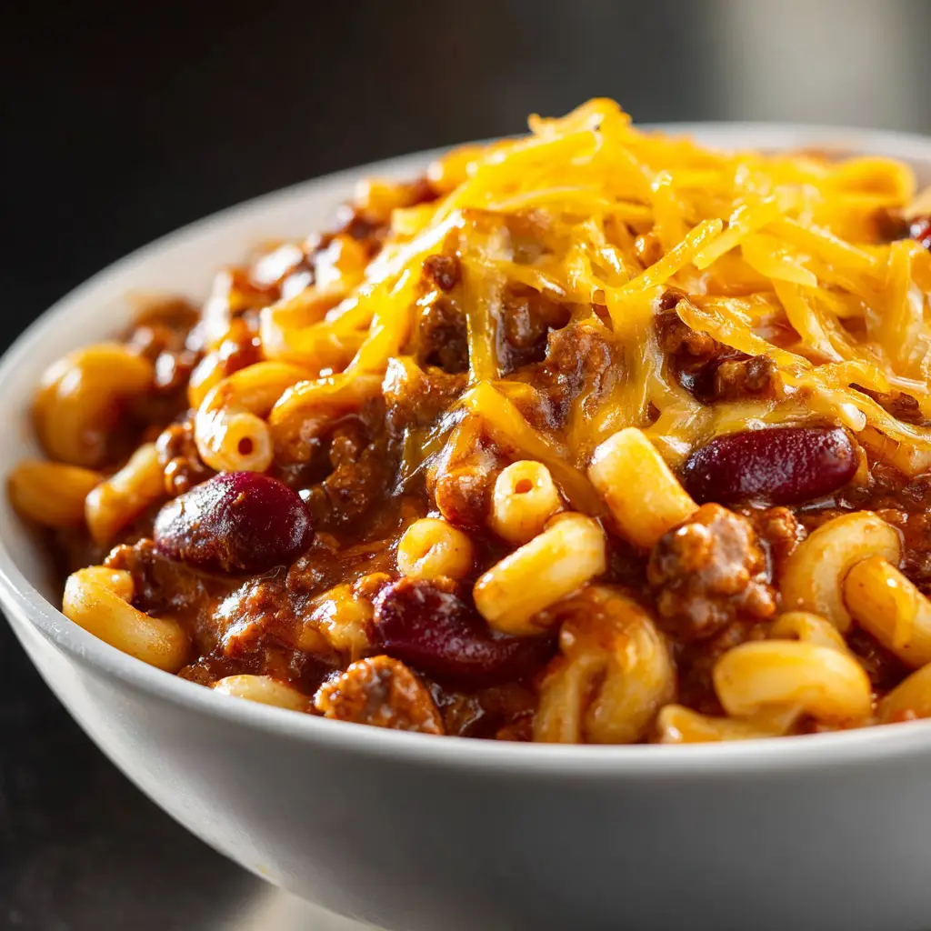 An extreme close-up of homemade chili mac, showing the texture of the ground beef, macaroni, and melted cheese sauce.