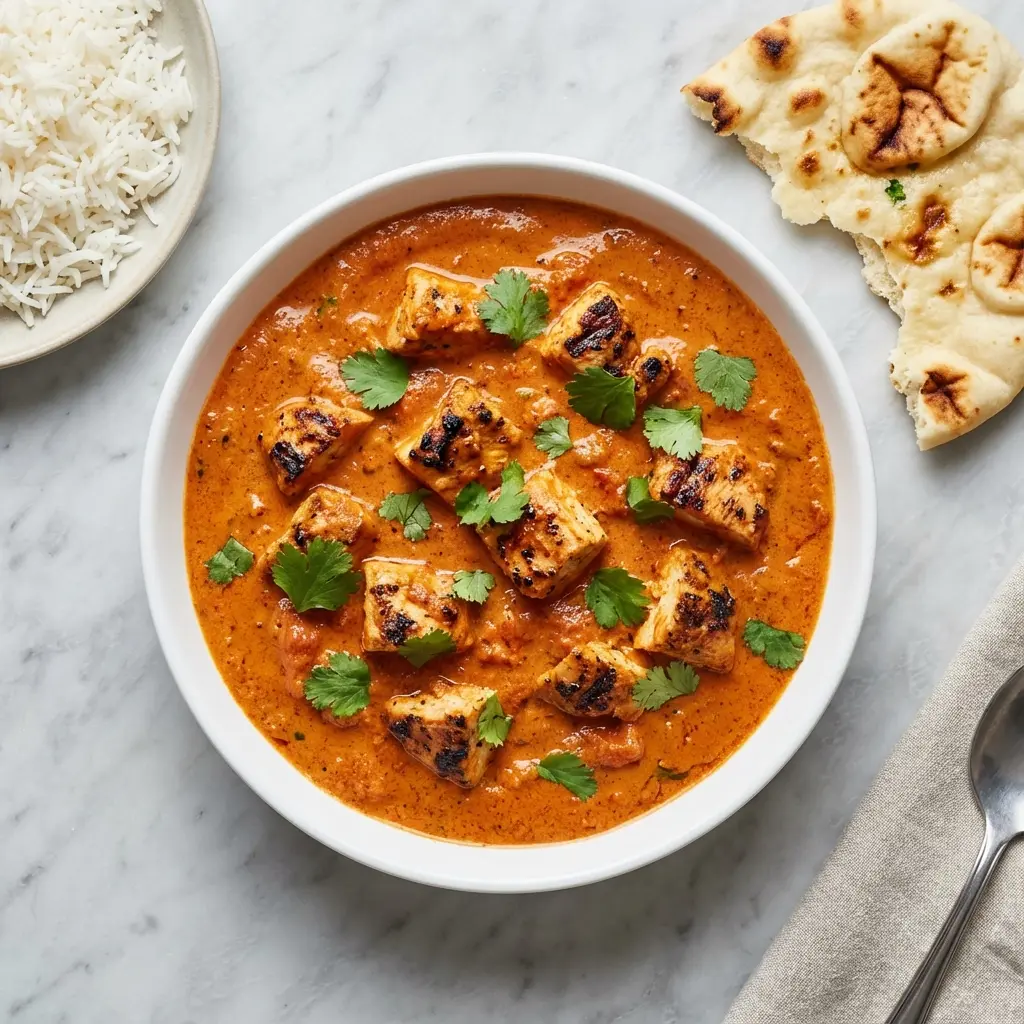 An overhead view of a bowl of homemade chicken tikka masala, served with naan bread and rice.