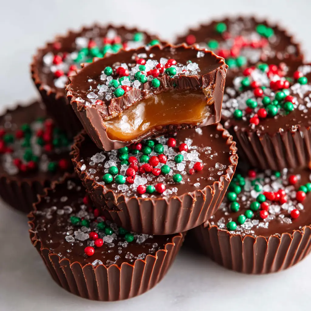A top-down view of several finished chocolate caramel cups sprinkled with flaky sea salt, arranged neatly in a mini muffin tin.