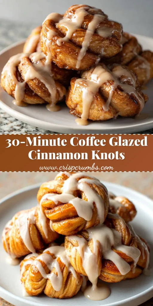 A close-up shot of several golden-brown baked cinnamon knots drizzled with white icing on a wooden board. The ultimate homemade cinnamon knots recipe.