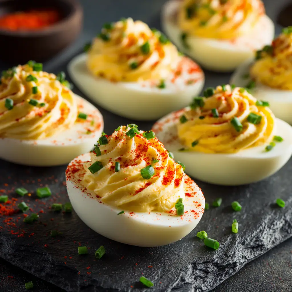 A plate of homemade deviled eggs, a classic and easy appetizer recipe for any occasion.