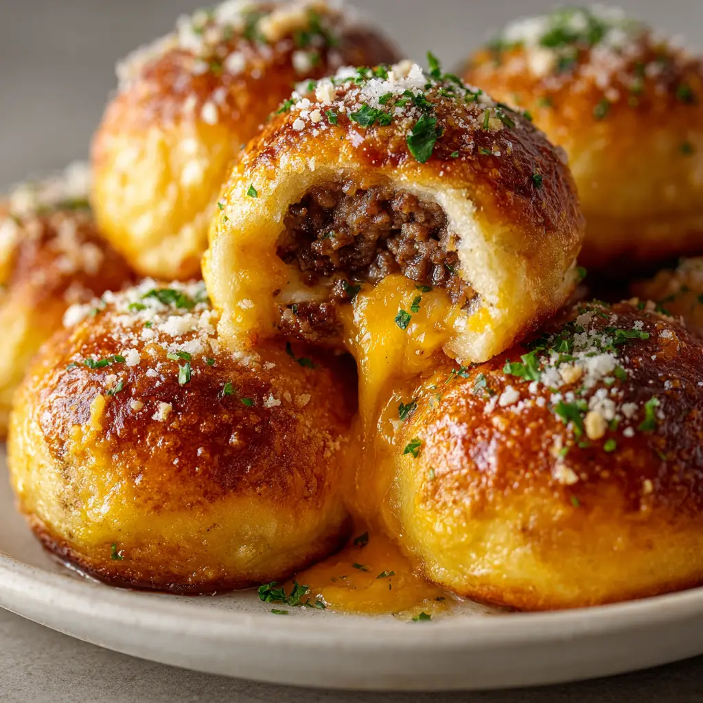 A batch of Garlic Parmesan Cheeseburger Bombs on a baking sheet, brushed with garlic butter and fresh herbs.