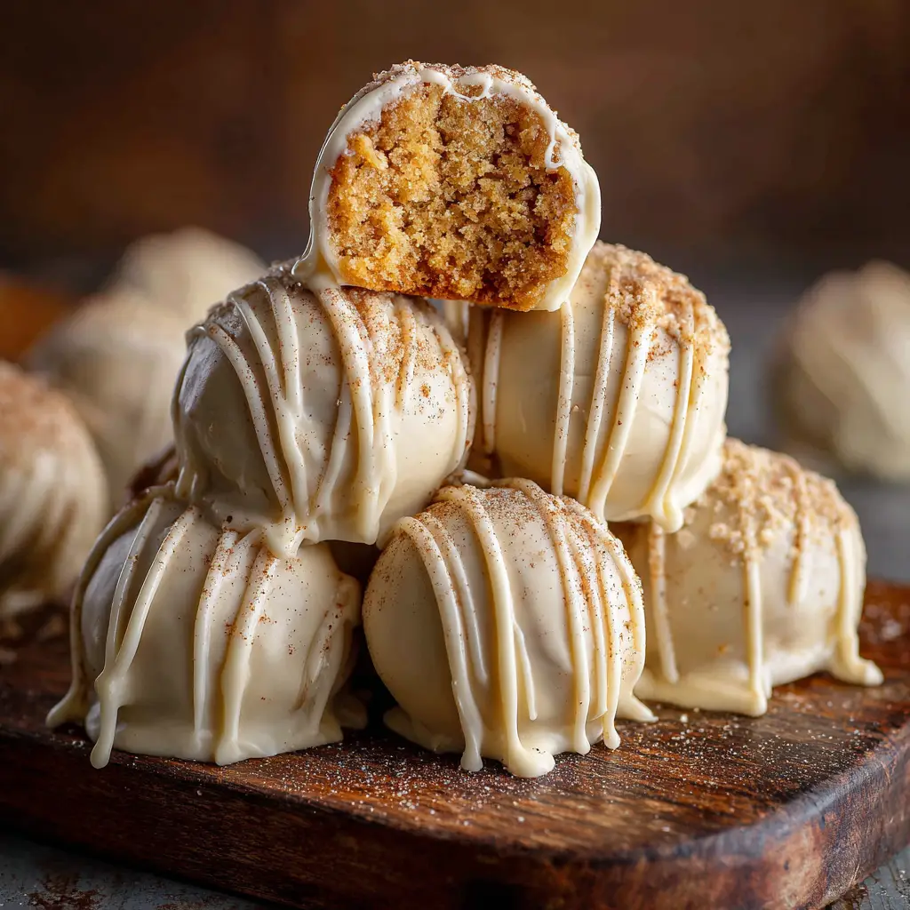 A close-up view of a stack of three homemade snickerdoodle truffles, showing the smooth white chocolate coating and sparkle of the cinnamon sugar.