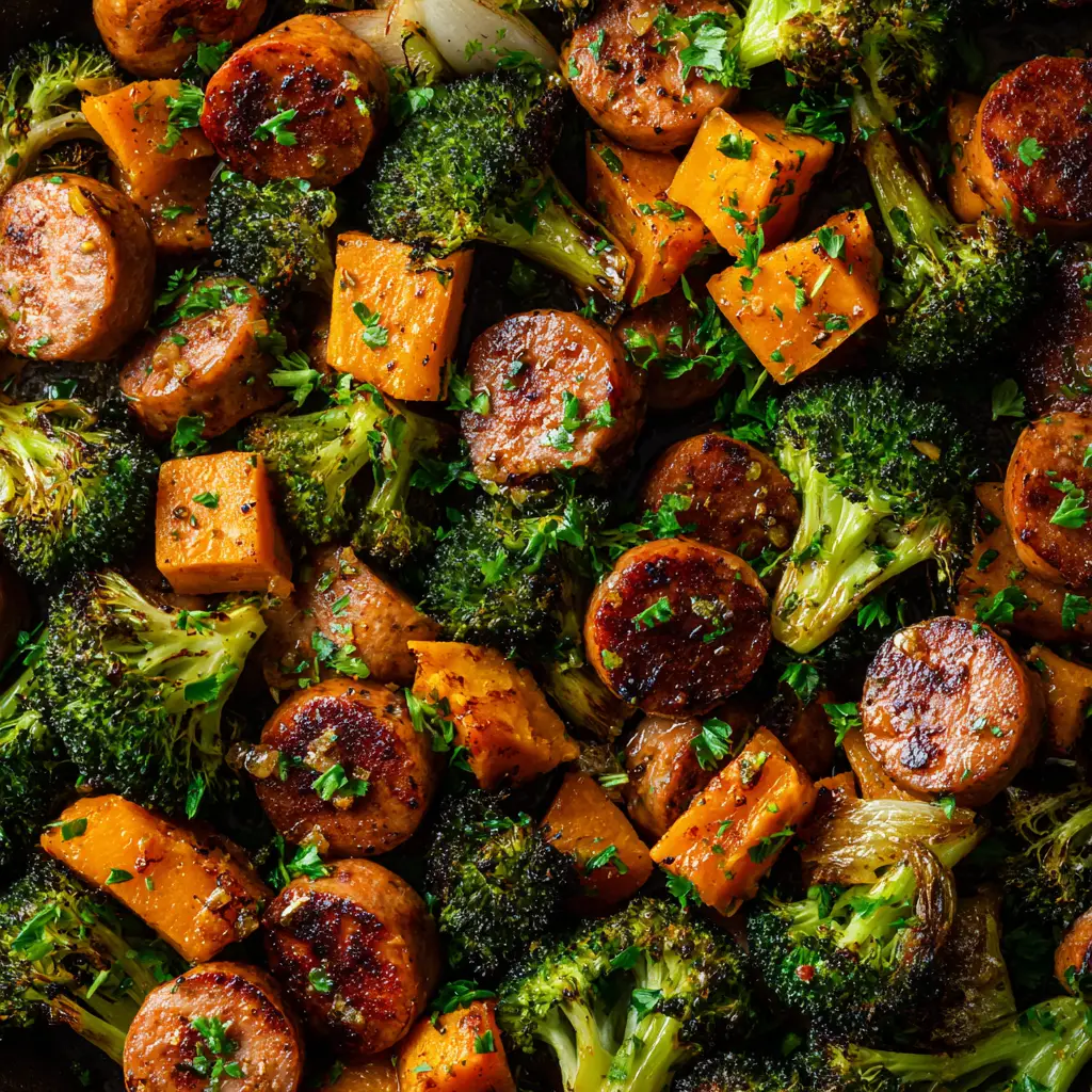The ingredients for the honey garlic sausage recipe arranged neatly on a sheet pan before being tossed in sauce.