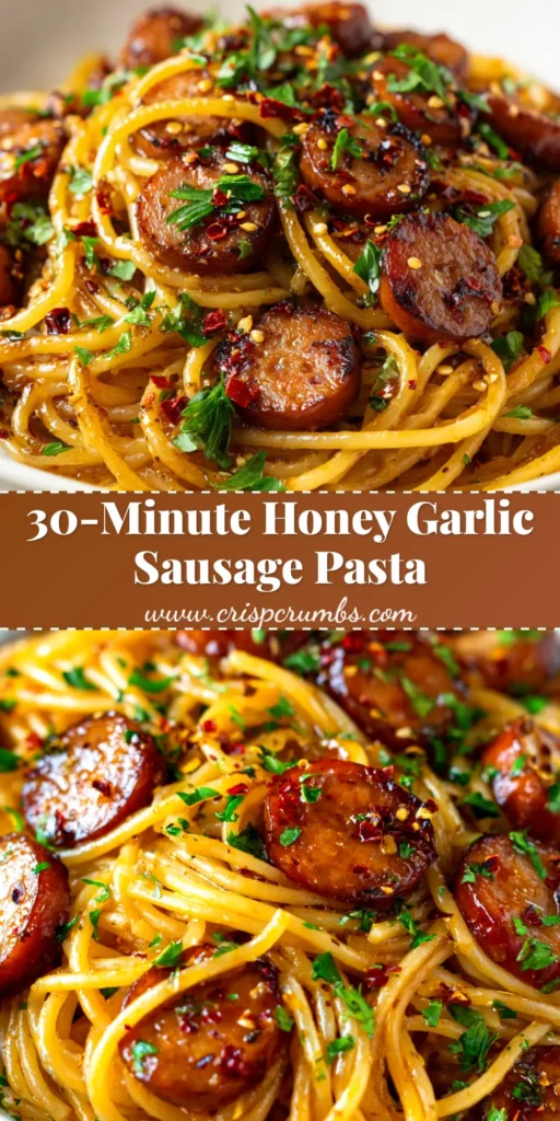 A large white bowl filled with honey garlic sausage pasta, garnished with fresh parsley. The pasta is glistening with a sweet and savory sauce.