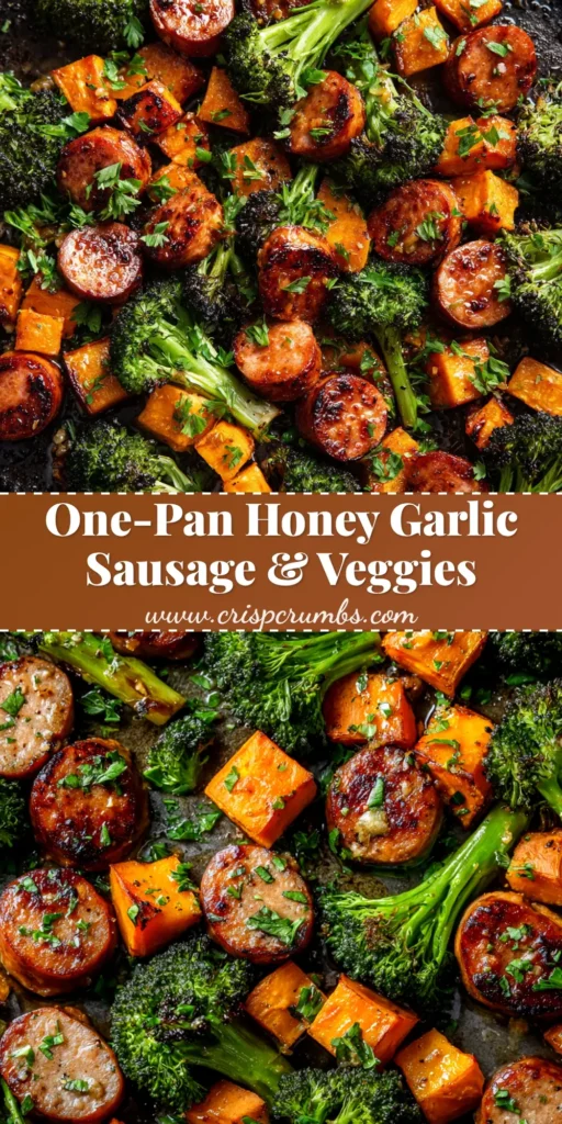 An overhead shot of honey garlic sheet pan sausage and vegetables on a baking sheet, ready to be served. The sausage is perfectly browned and the vegetables are caramelized.