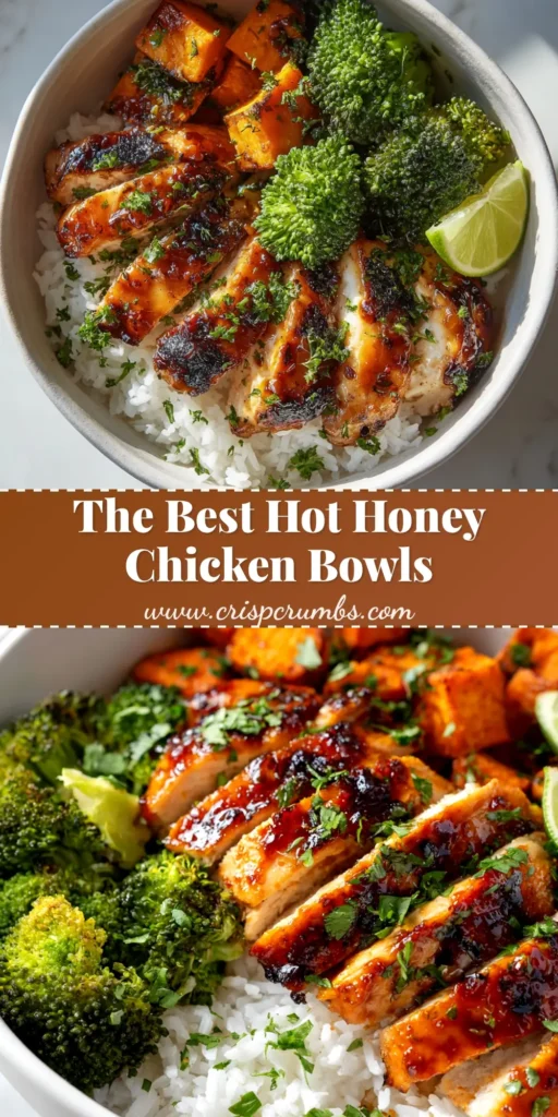 An overhead shot of vibrant Hot Honey Chicken Bowls in white bowls, featuring crispy chicken, broccoli, and rice, garnished with sesame seeds.