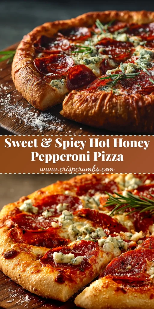 A stunning overhead shot of a freshly baked Hot Honey Pepperoni Pizza, drizzled with glossy hot honey, with perfectly cupped and charred pepperoni on a bubbly cheese surface.