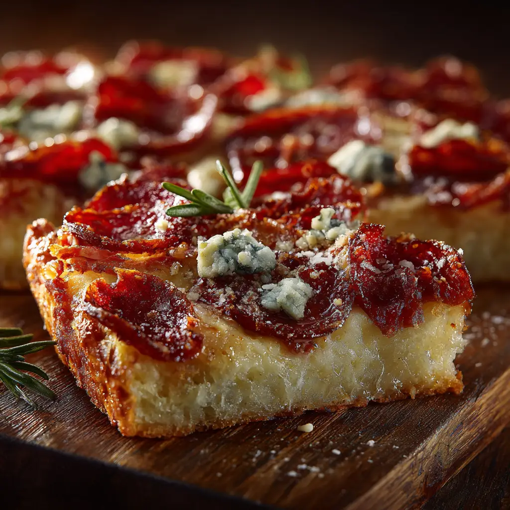 A close-up shot of a slice of hot honey pepperoni pizza being lifted from the whole pie, showcasing the perfect cheese pull and crispy pepperoni cups.