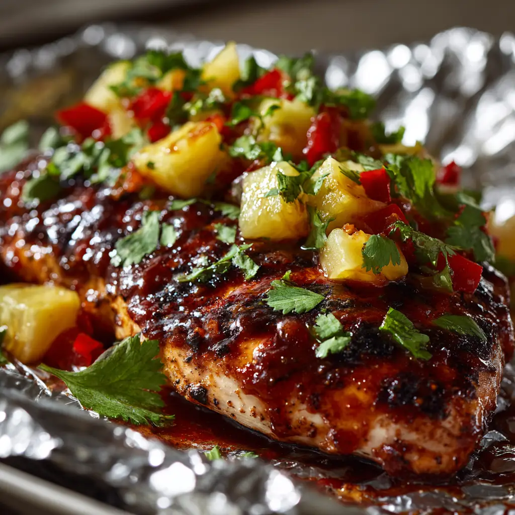 An assembled but uncooked Hawaiian chicken foil packet, showing the colorful arrangement of cubed chicken, pineapple, and fresh vegetables before sealing.
