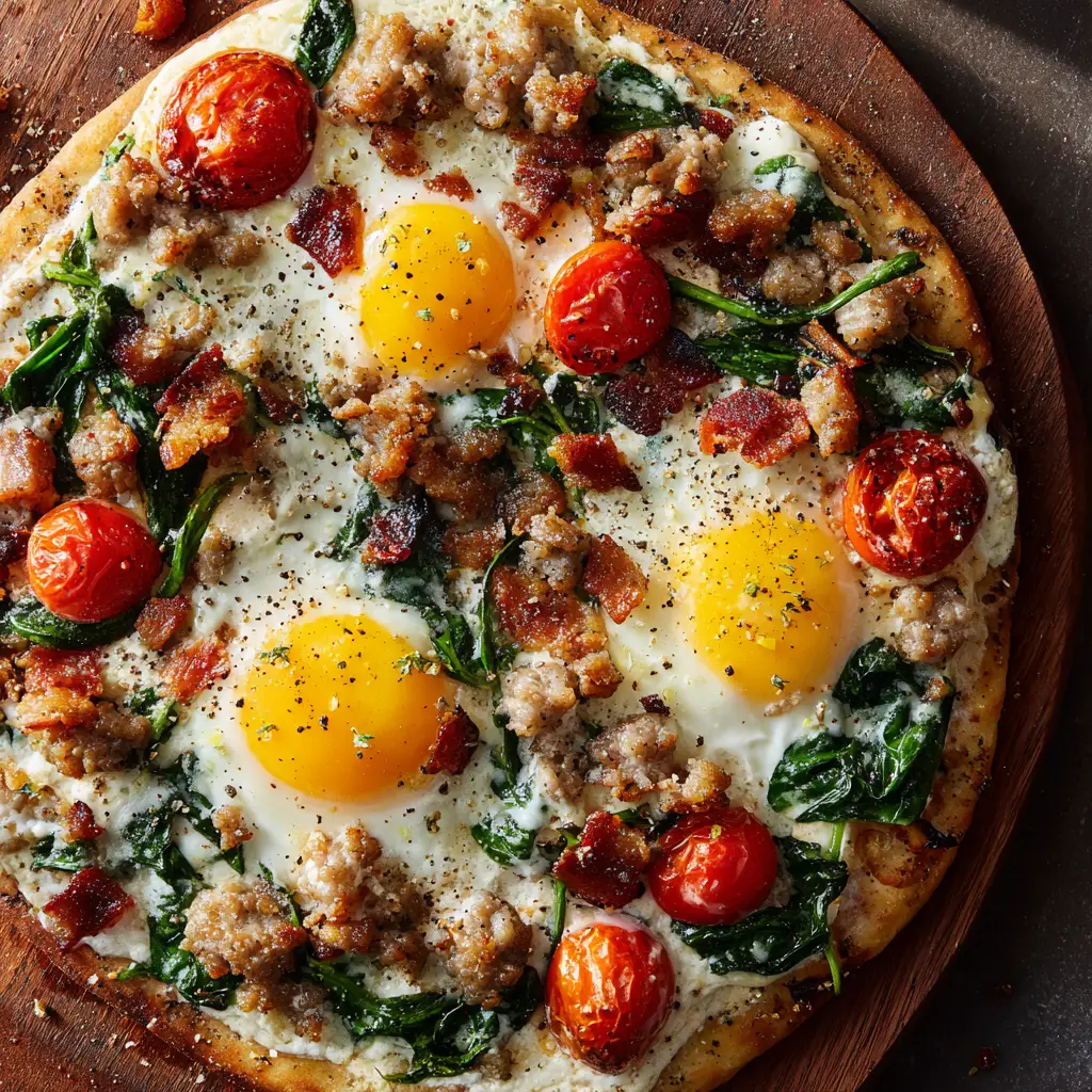 The process of assembling a breakfast flatbread with fresh ingredients like eggs and herbs before baking.