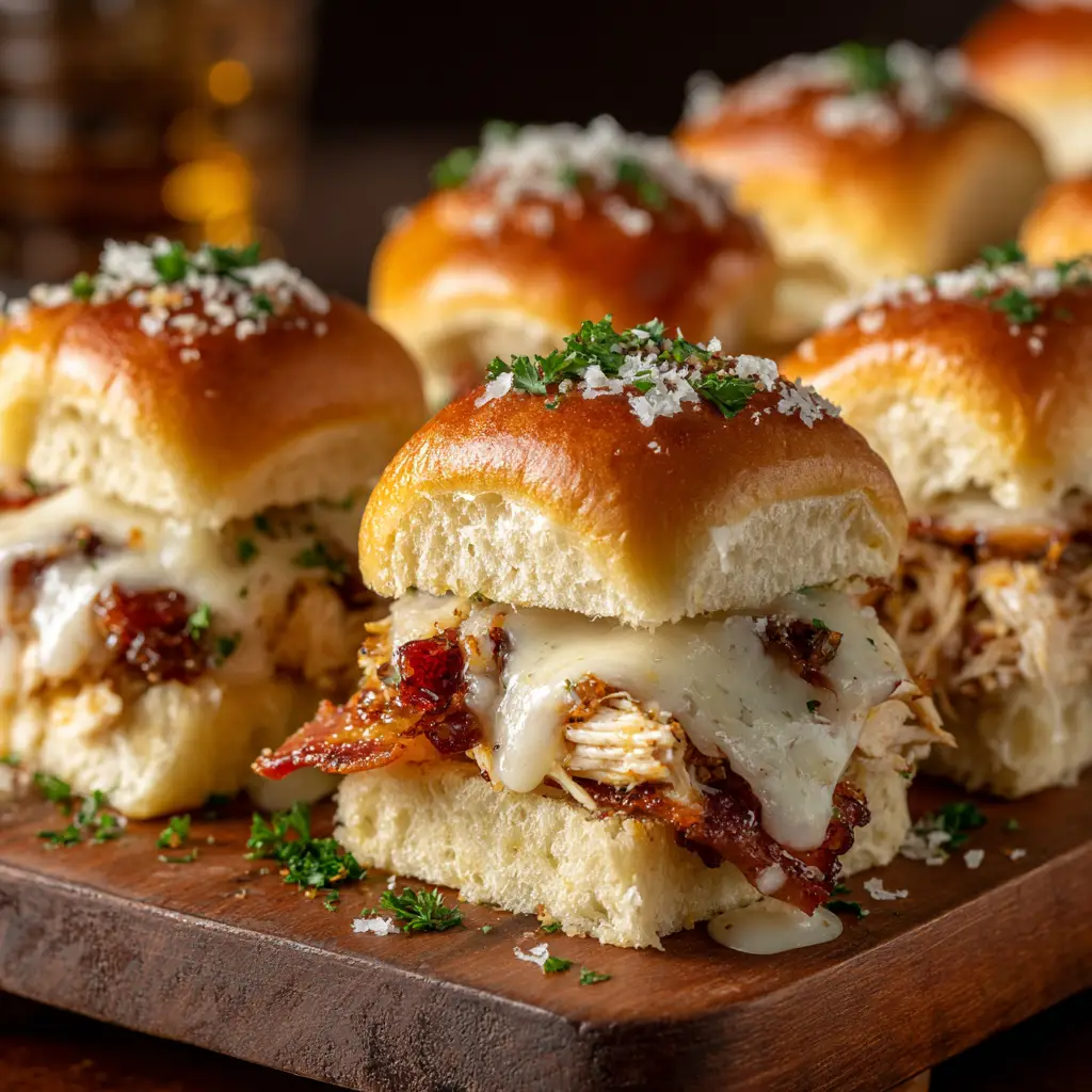 Assembling the chicken bacon sliders on Hawaiian rolls before baking. The chicken, bacon, and cheese are layered on the bottom buns.
