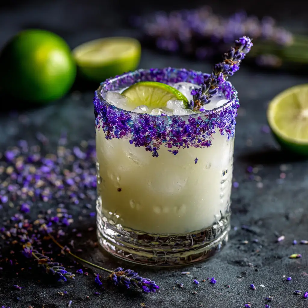 A cocktail shaker next to a glass of a coconut lavender margarita, with ingredients like lime and lavender nearby.