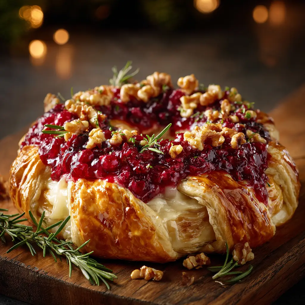 The process of assembling a festive pastry wreath, showing cranberry sauce, brie, and pecans arranged on puff pastry strips before folding.
