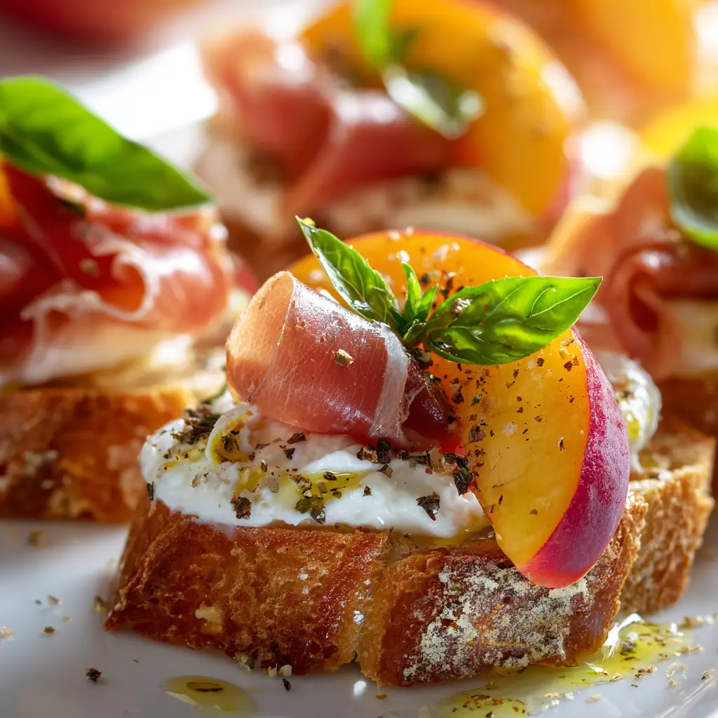 The process of assembling grilled peach crostini, with toasted bread, burrata, and peaches ready to be combined.