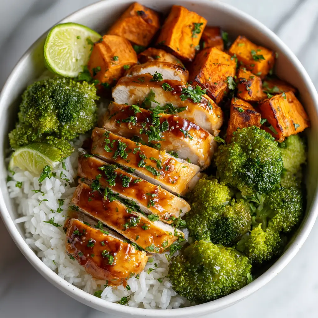 The process of assembling the Hot Honey Chicken Bowls, with all the fresh ingredients ready to be combined.