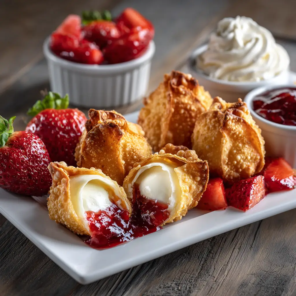 A collection of strawberry cream cheese wontons ready for cooking, with a bowl of the pink filling in the background.