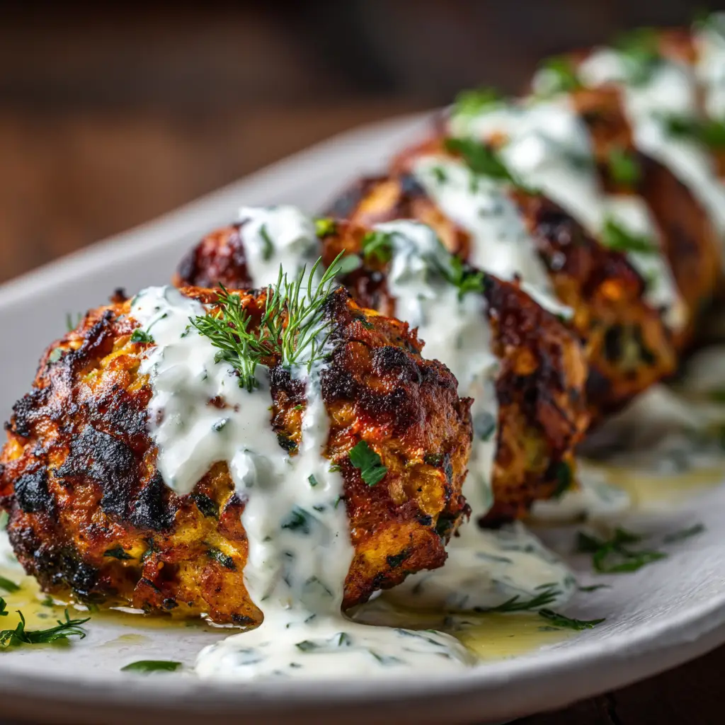 Raw chicken kofta shaped into logs on a baking sheet, ready to be cooked. Shows the texture of the meat mixture with herbs.