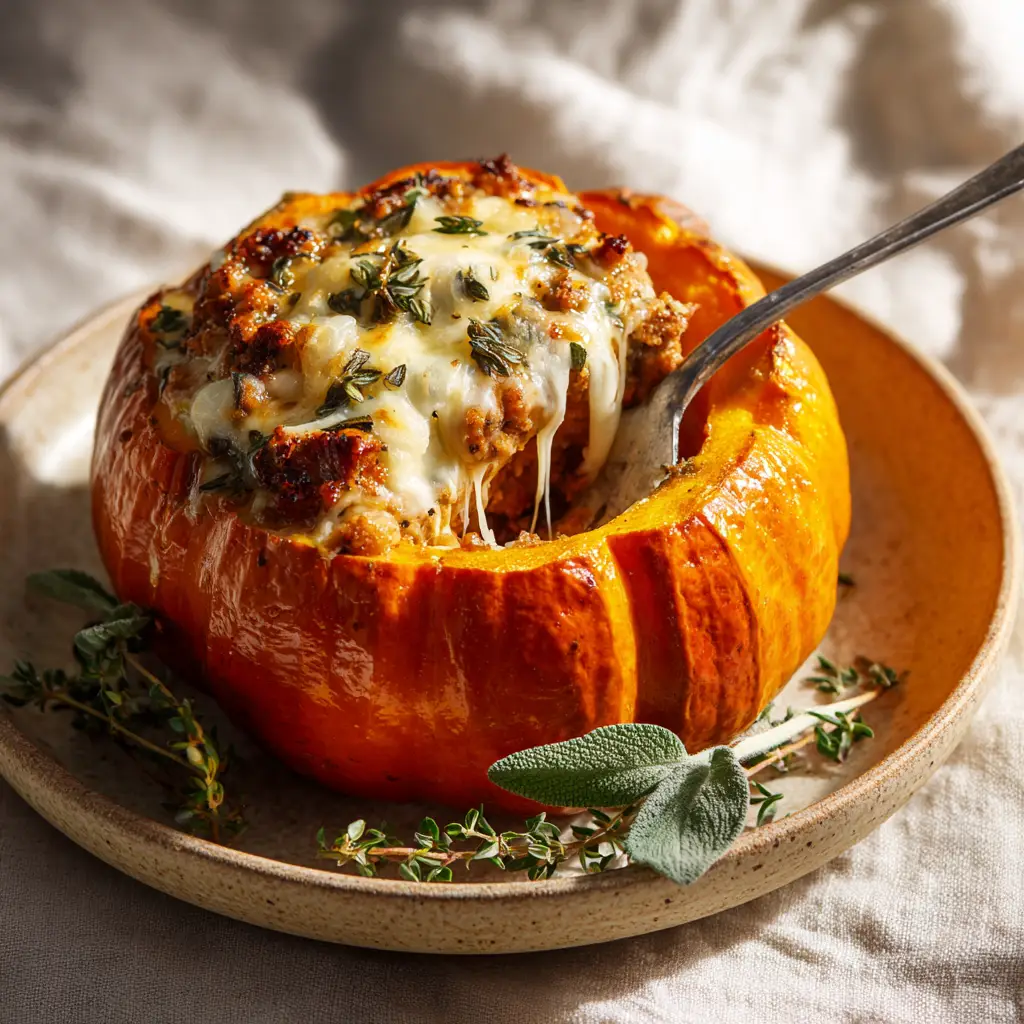 Four mini pumpkins lined up on a baking sheet, hollowed out and stuffed with the sausage filling, ready to go into the oven.