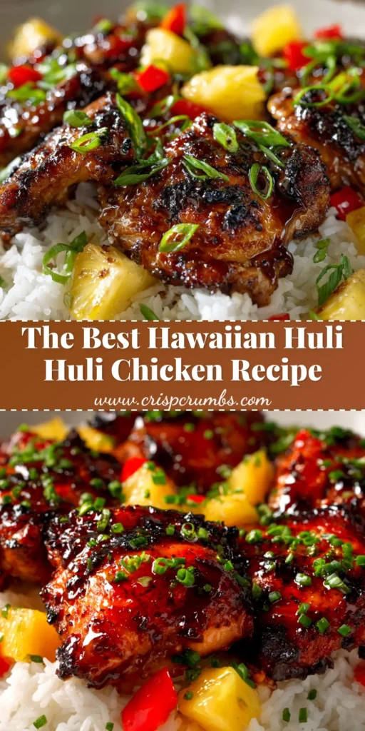 A close-up shot of grilled Huli Huli chicken thighs on a white plate, garnished with fresh cilantro and lime wedges. The chicken has a beautiful caramelized glaze.