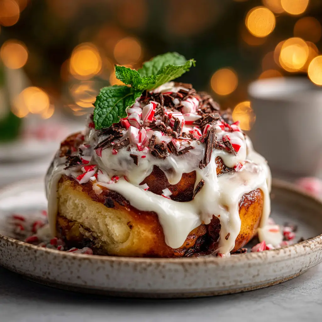 The process of spreading peppermint cream cheese icing on warm cinnamon rolls in a baking dish.