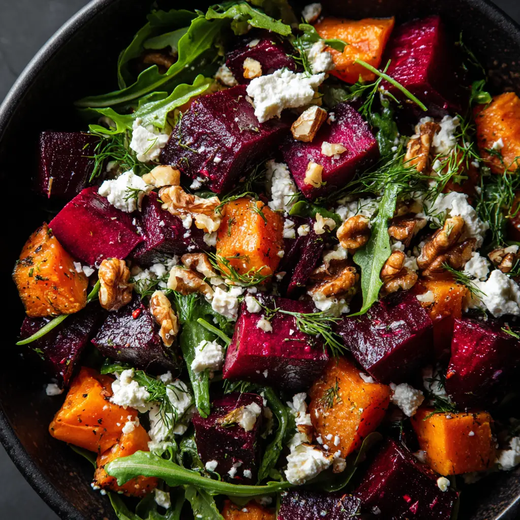 The simple, fresh ingredients for the roasted beet and sweet potato salad arranged on a wooden surface before cooking.