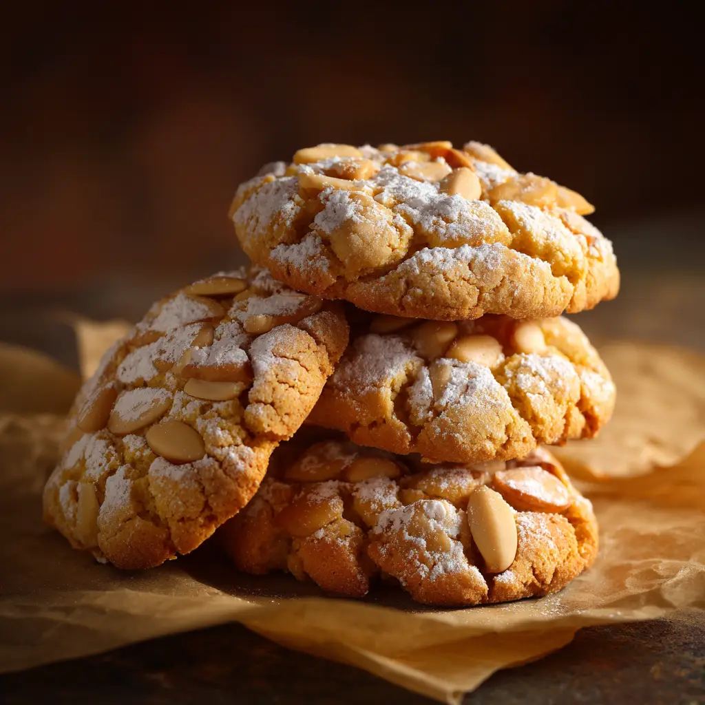 A fresh batch of Italian pine nut cookies cooling after baking, with a warm, golden glow.