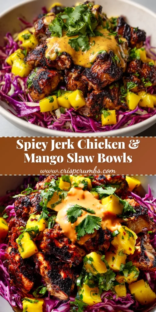 A vibrant and delicious Jerk Chicken Bowl with mango slaw and coconut rice, shown from above in a white bowl. Perfect for a healthy meal prep.