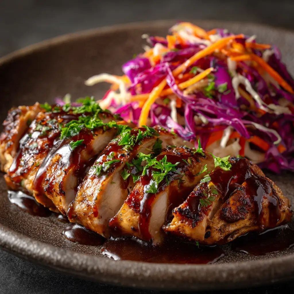 A close-up shot of a juicy, pan-seared chicken breast being sliced to show the tender inside, with the apple cider sauce glistening.