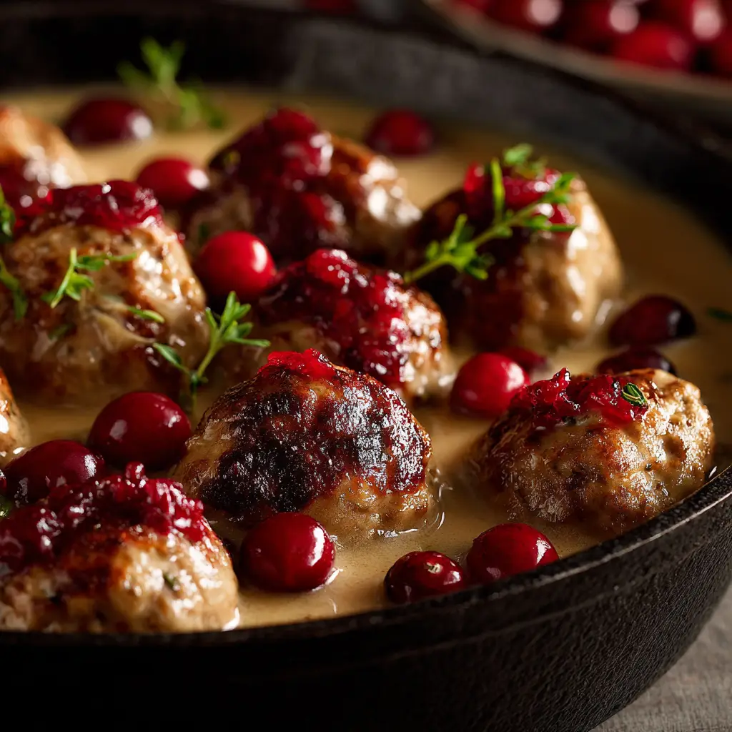 An extreme close-up of a juicy browned turkey meatball, showing its tender texture before being added to the cranberry glaze.