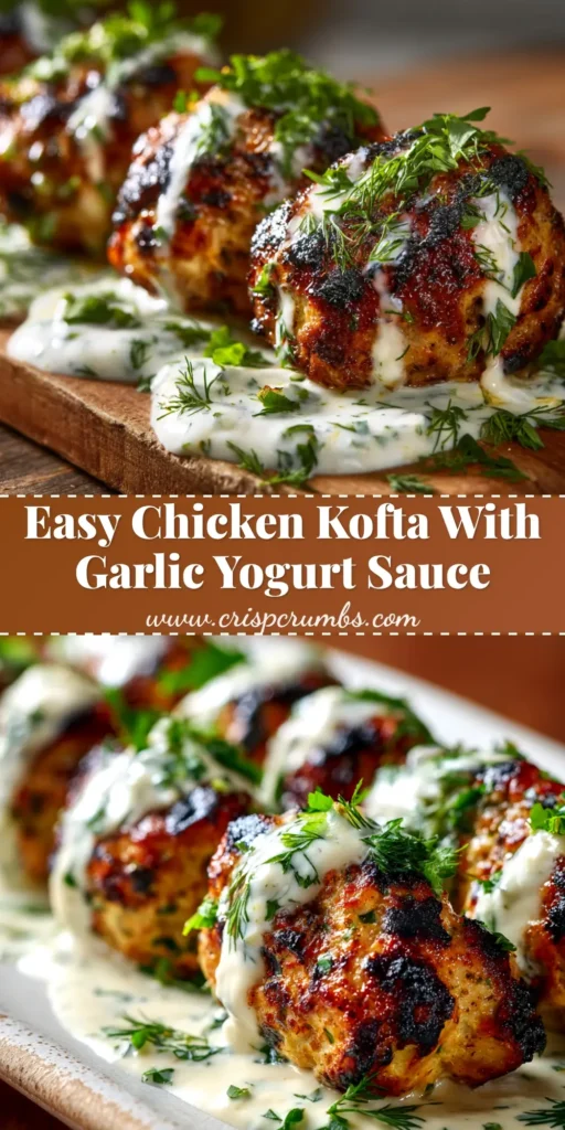 Juicy grilled Chicken Kofta skewers served on a platter with a side of fresh yogurt dipping sauce and lemon wedges.